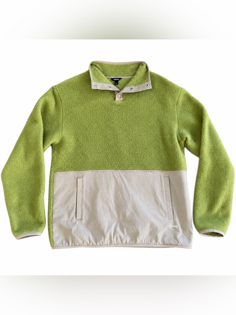 Allbirds Fluff Fleece Pullover Men’s M 38-40 Green Tan Snap Neck Merino